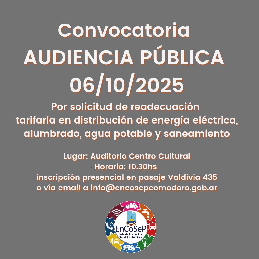 Convocatoria Audiencia Pública por solicitud de readecuación tarifaria SCPL 06/10/2025 con INFORMACIÓN COMPLEMENTARIA