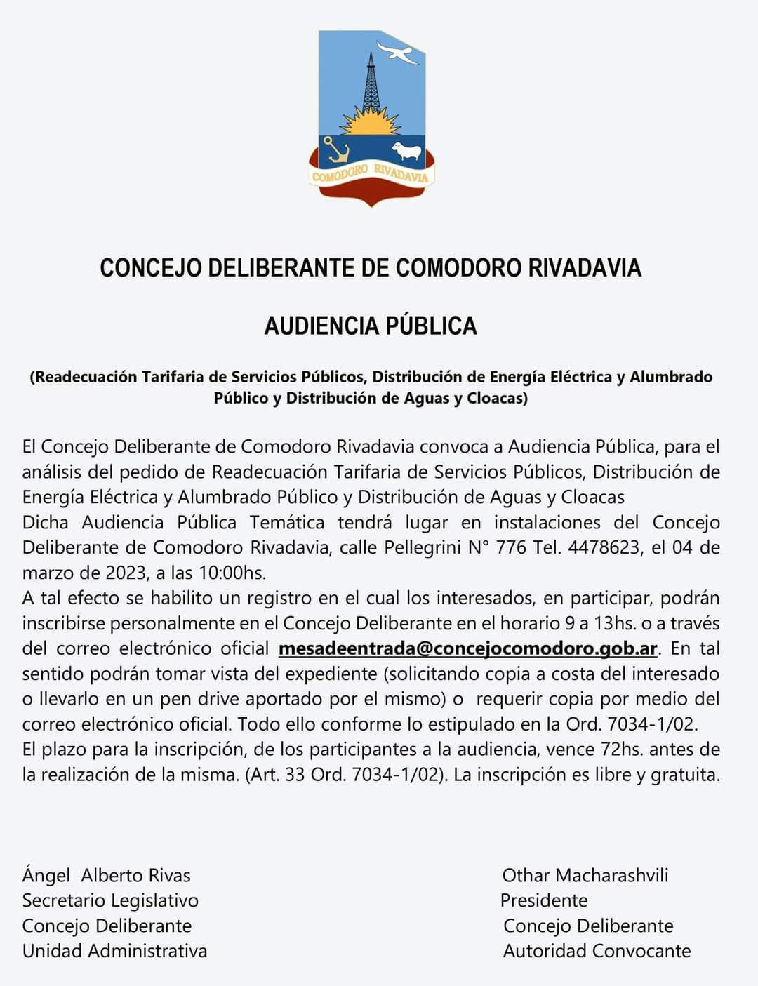 CONCEJO DELIBERANTE CONVOCA AUDIENCIA PÚBLICA
